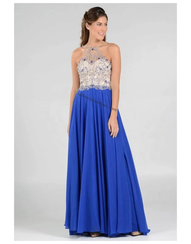 Long Detailed Halter Chiffon Formal Prom Dress