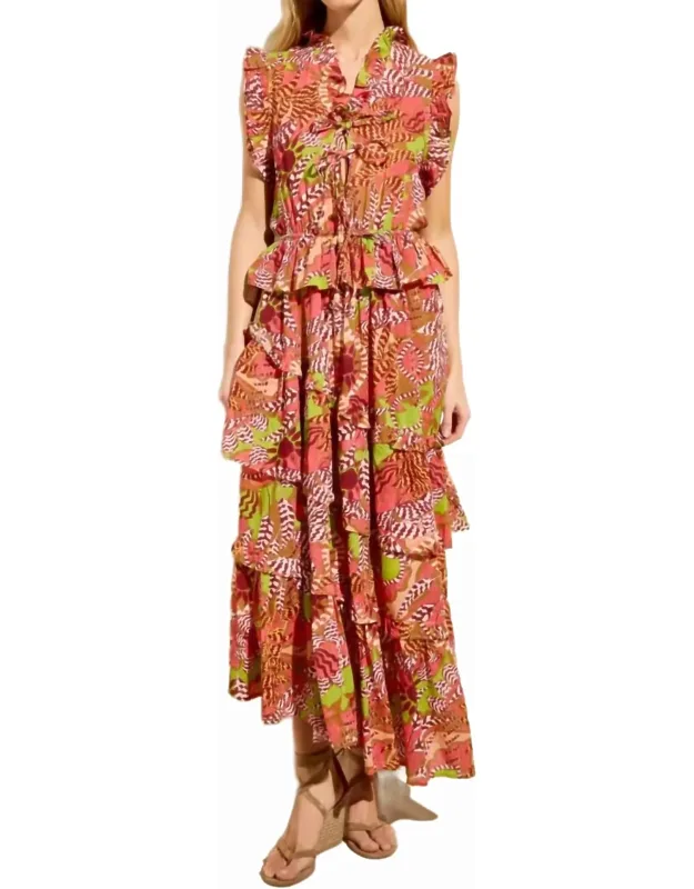 Tracey Maxi Dress In Multi With V-neckline And Tiered-skirt