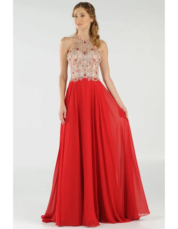Long Detailed Halter Chiffon Formal Prom Dress