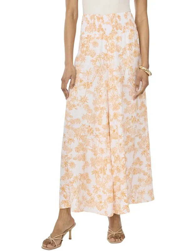 Smocked Wide Leg Linen-blend Pants