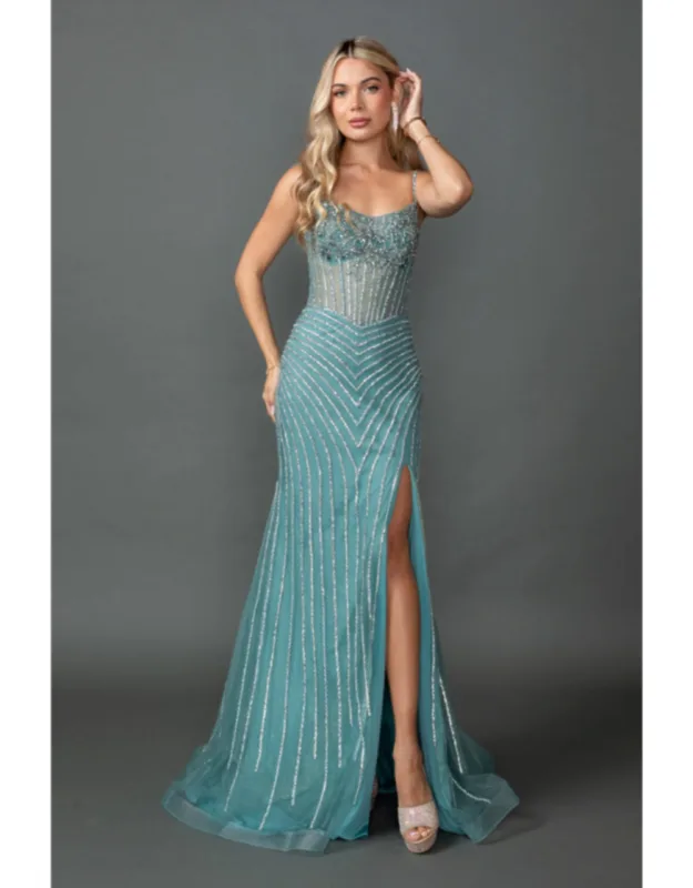 Beaded Illusion Corset Bodice Spaghetti Strap Mermaid Dress With Vertical Sequin Pattern And High Slit