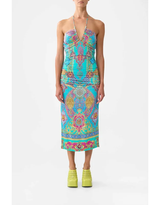 Cut Out Sleeveless Jersey Halter Neck Dress
