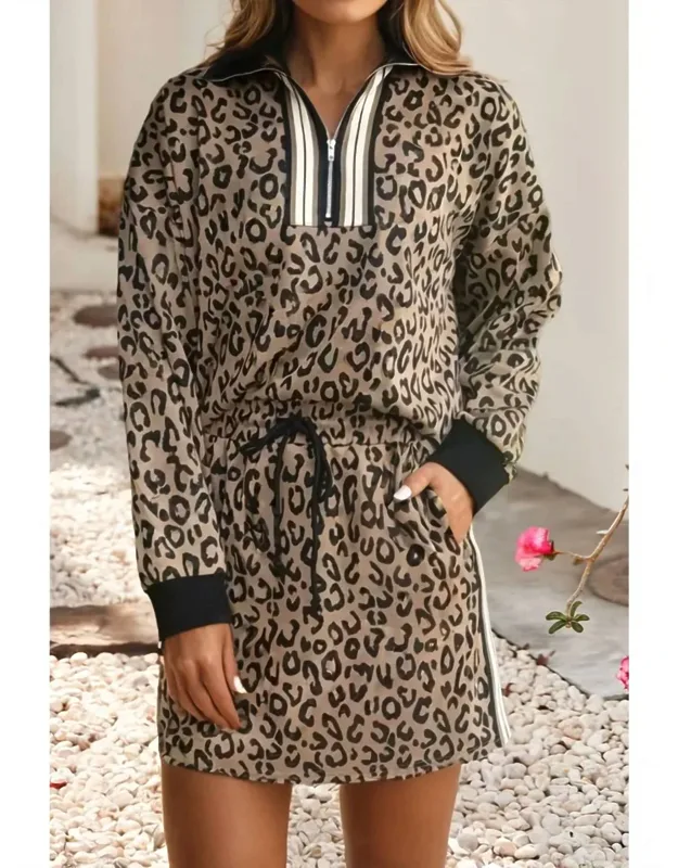 Leopard Zip Top And Mini Skirt Set