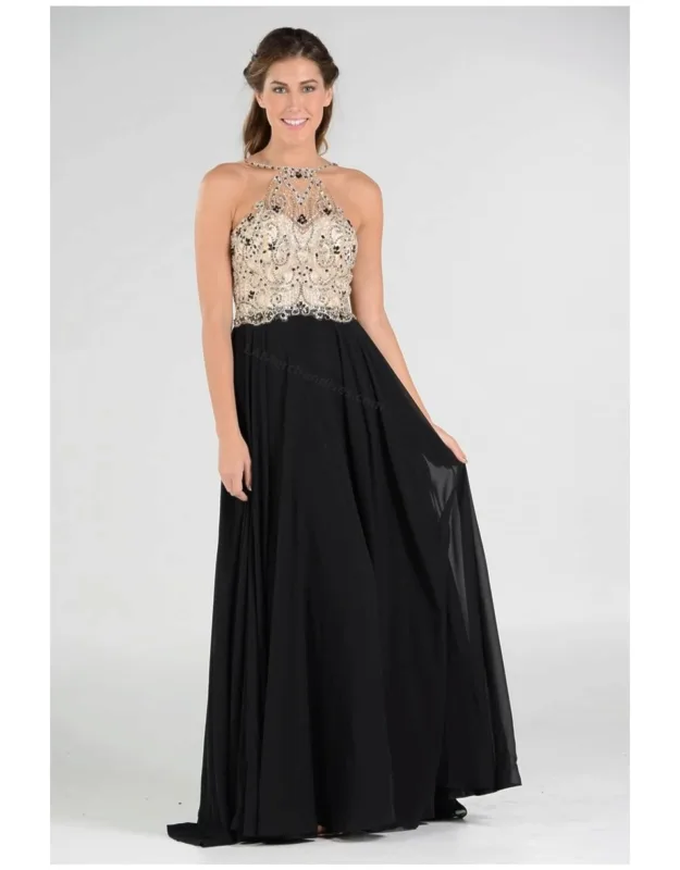 Long Detailed Halter Chiffon Formal Prom Dress