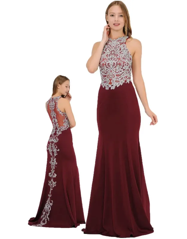 Halter Embroidered Lace Evening Dress