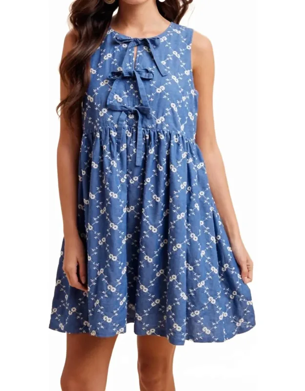 Embroidered Bow Mini Dress