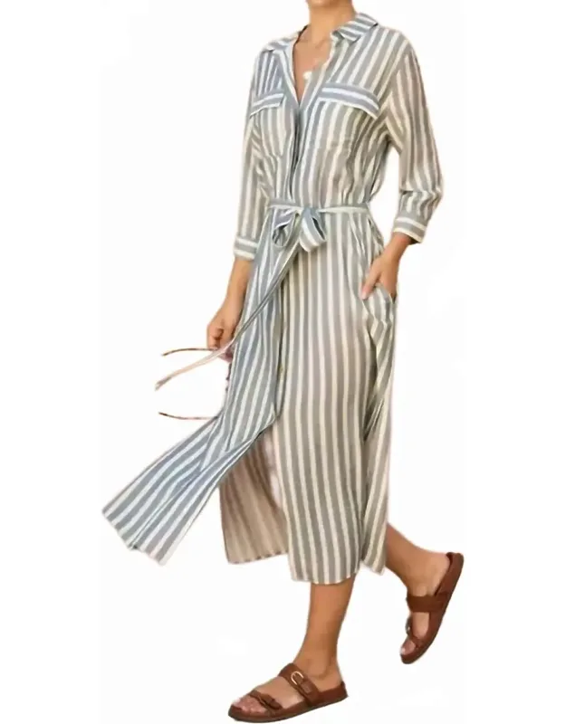 Nautical Stripe Belted Maxi Shirt Dress