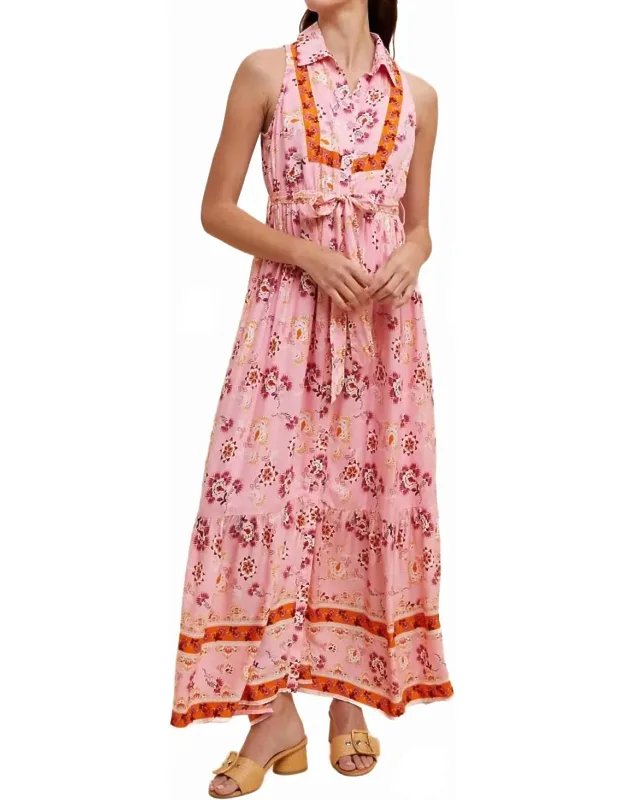 Border Print Collared Button Down Maxi Dress