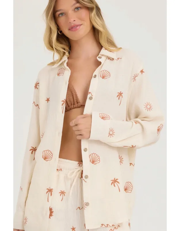 Button Up Gauze Embroidery Shirt