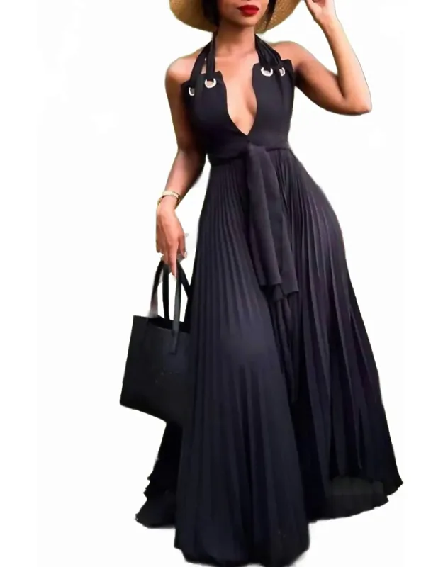 Halter Pleated Chiffon Maxi Dress