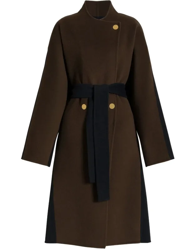 Long Wool Coat With Wrap Design And Contrasting Belt