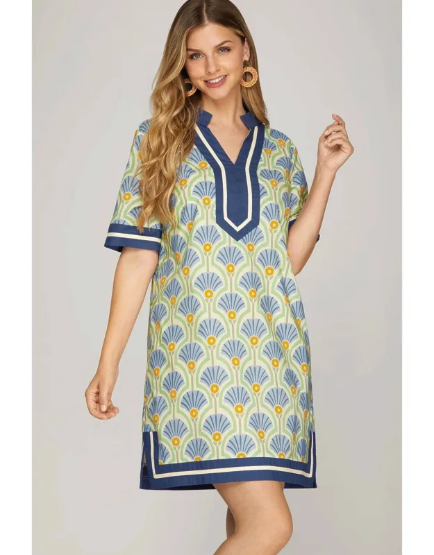Printed Dress With Solid Trim