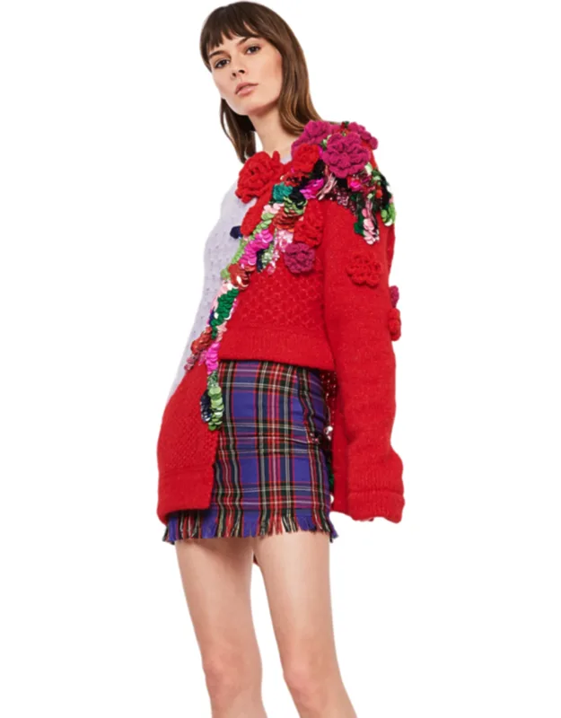 Textured Knit Dress With Sequined Floral Accents
