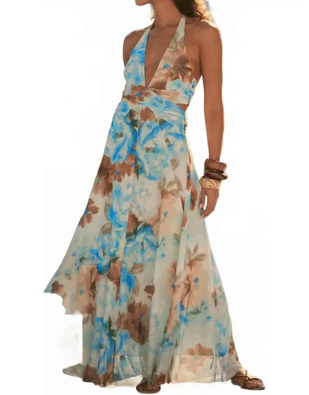 Floral Mesh Halter Cut-out Maxi Dress