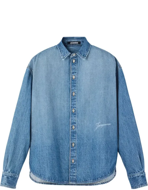 Denim Shirt With Gradient Wash And Embroidered Logo