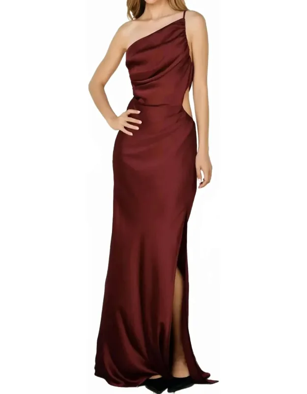Dull Satin One Shoulder Ruched Maxi Dress