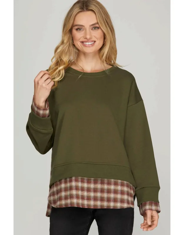 Long Sleeve Sweatshirt With Contrast Plaid Top