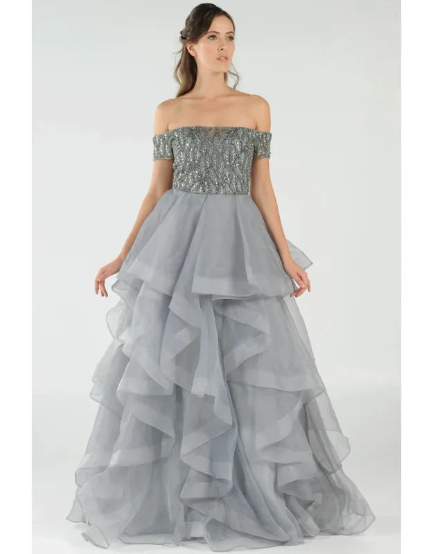 Off Shoulder Rhinestone Long Ruffled Dress