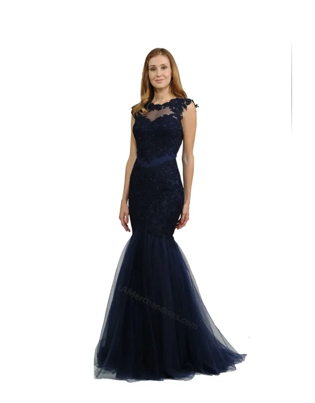 Cap Sleeve Lace Applique & Rhinestone Mermaid Dress