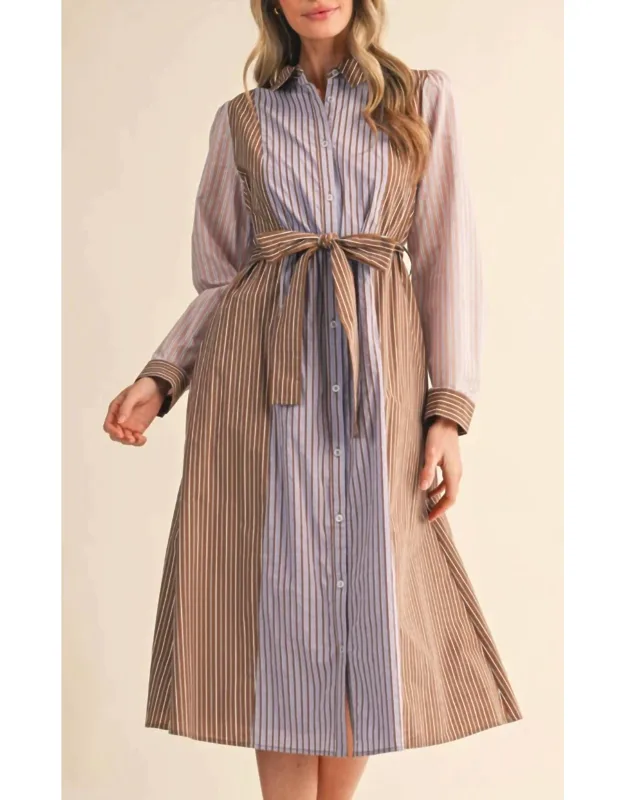 Button Up Mixed Stripe Shirt Dress