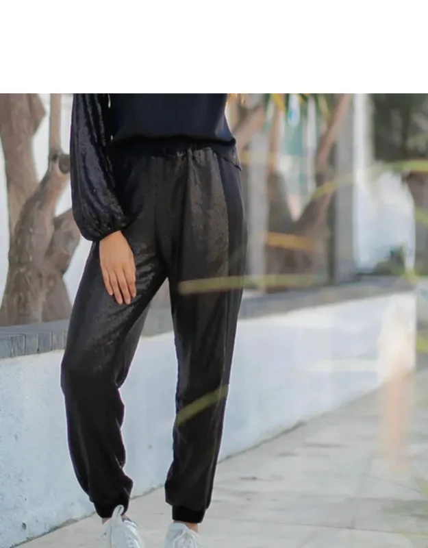 Sequin Jogger Pants With Satin Contrast