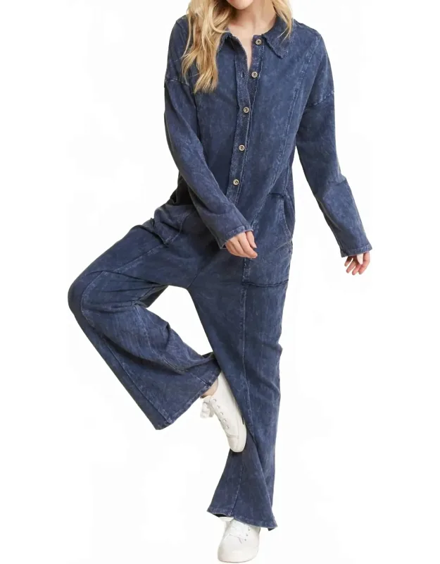 Mineral Wash Button Down Collar Jumpsuit