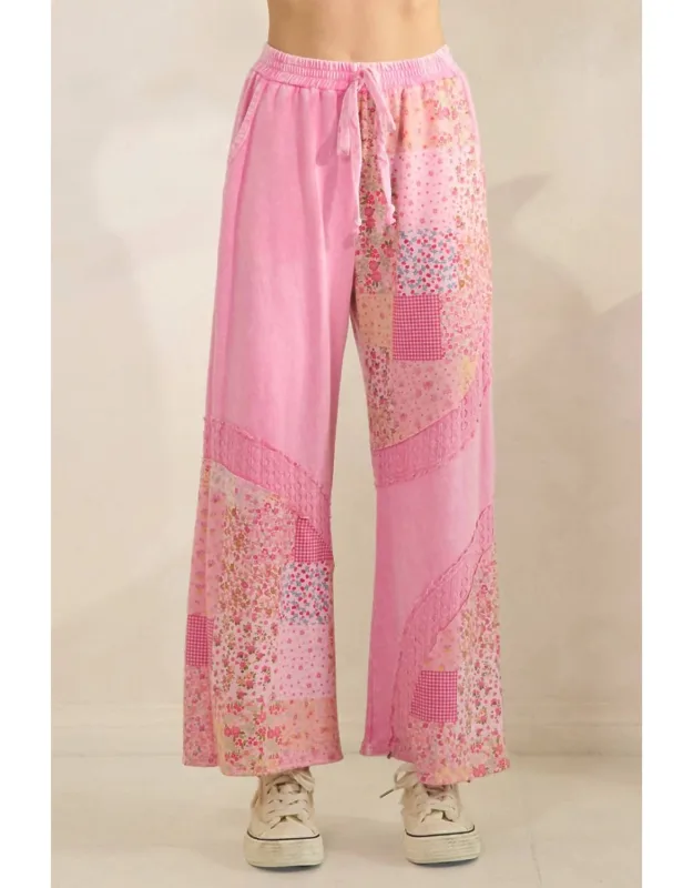 Mineral Washed Spring Picnic Print Lace Pants