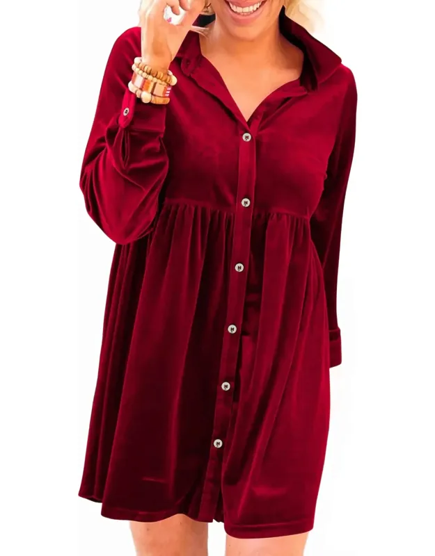 Ruffle Velvet Button Up Dress