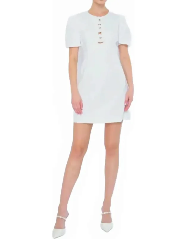 Leone Mini Dress With Puff Sleeves And Crystal-accented Buttons