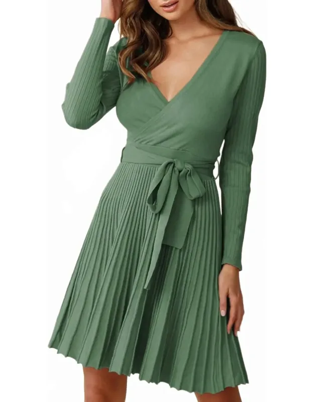 Pleated Sweater Wrap Dress