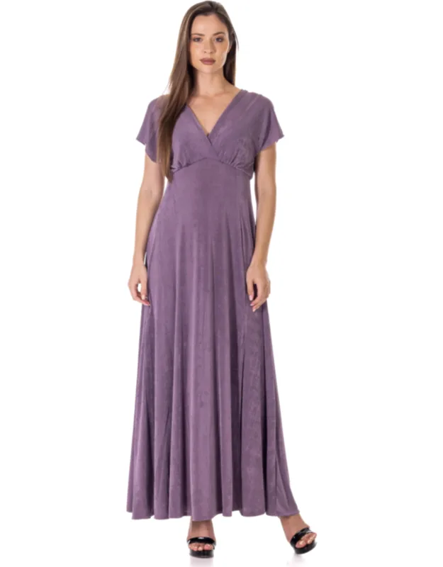 Kimono Flutter Sleeve Metallic Knit Front Slit Empire Waist Maxi Dress