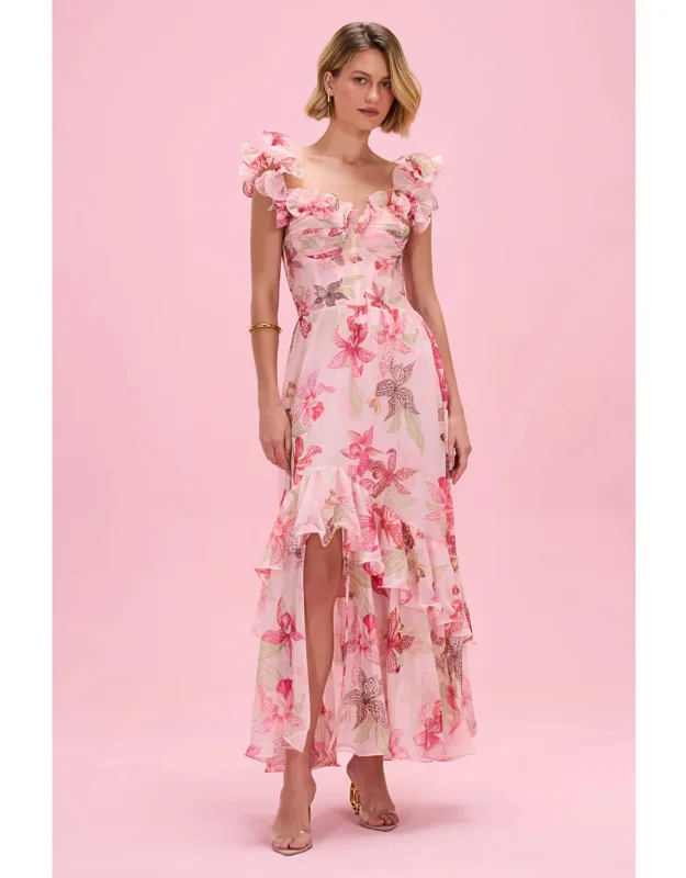 Orchid Bloom Chiffon Maxi Corset Dress