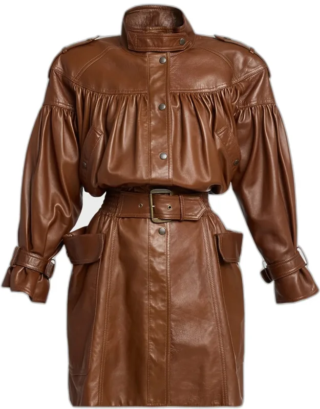 Gathered Shiny Leather Belted Trench Coat