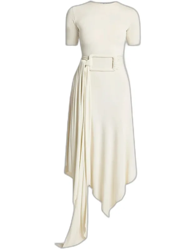 Asymmetric Fluid Jersey Belted Midi Dress