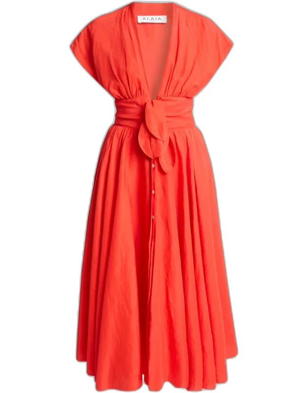 Belted Linen Midi Dress