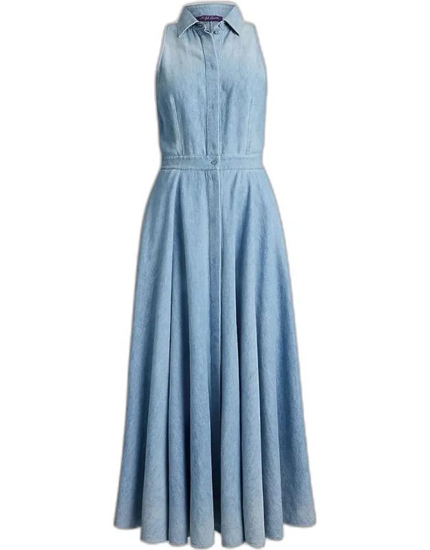 Sleeveless Cotton Denim Collared Maxi Dress