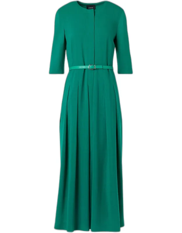 Pleated Wool Belted Midi Dress
