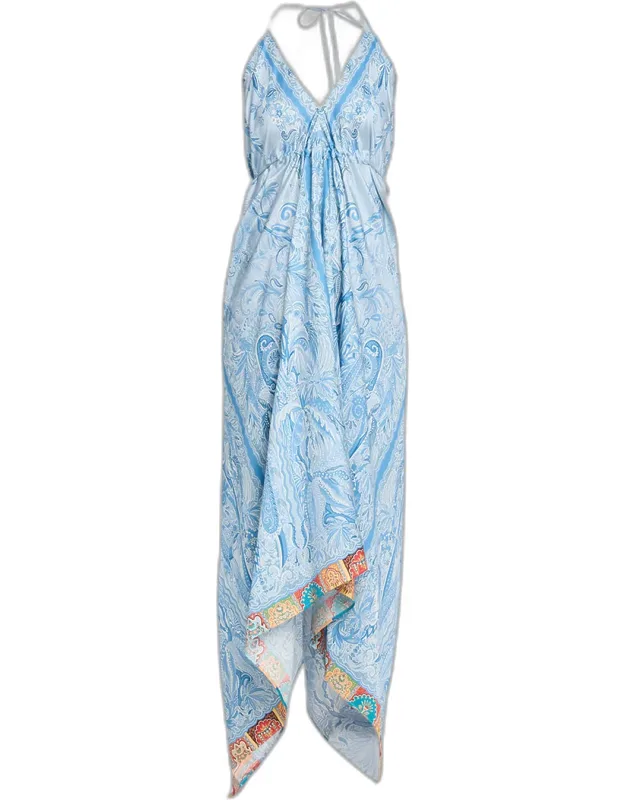 Paisley Silk Asymmetric Maxi Dress Coverup