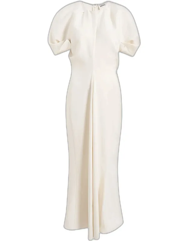 Linen Draped-waist Puff-sleeve Midi Dress