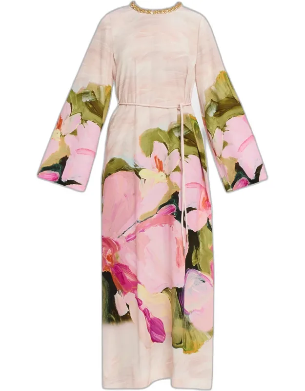 Embellished Floral Tie-waist Maxi Dress