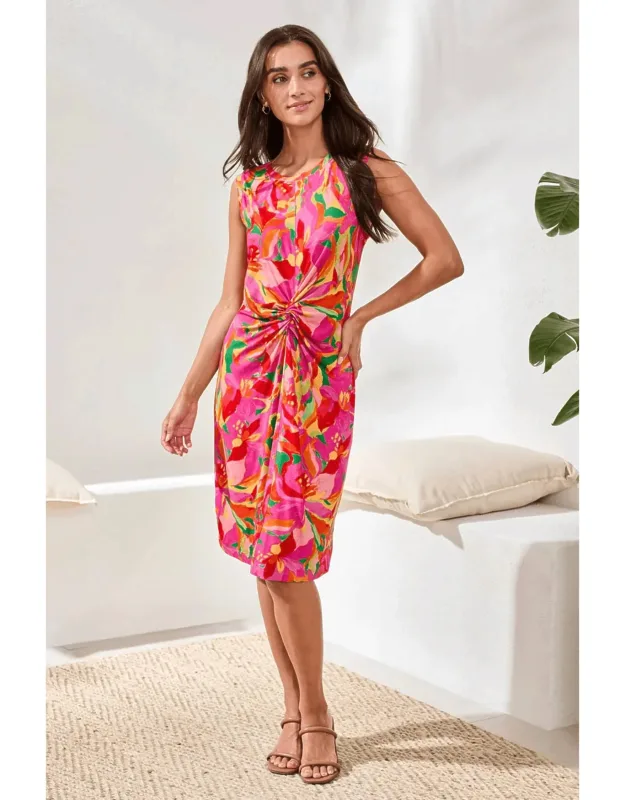 Printed Jersey V-neck Front-knot Midi Dress