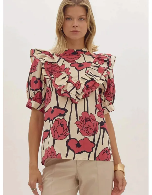 Floral Ruffle Mock Neck Top