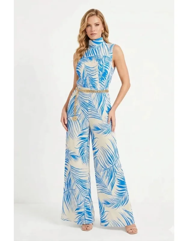 Tropical Palm Pleated Halter Jumpsuit