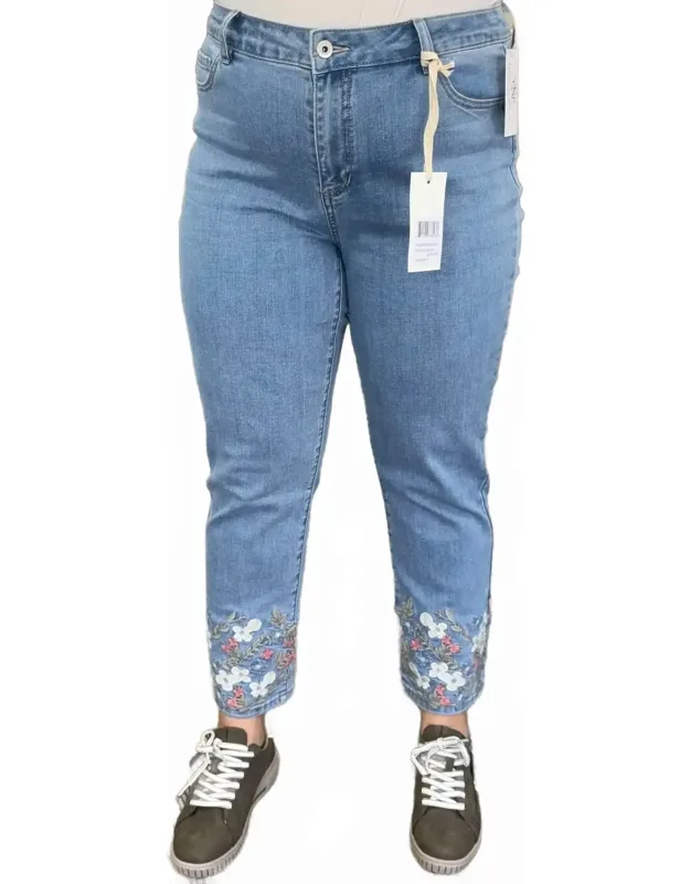 Cropped Slim Stretch Denim Pants With Embroidered Hem