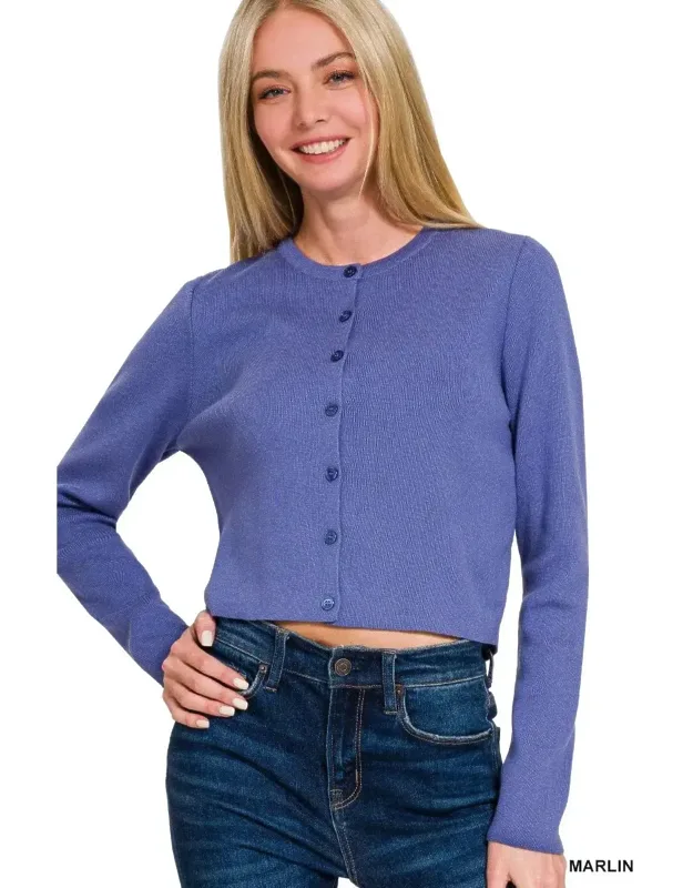 Button-front Crewneck Long Sleeve Cropped Cardigans