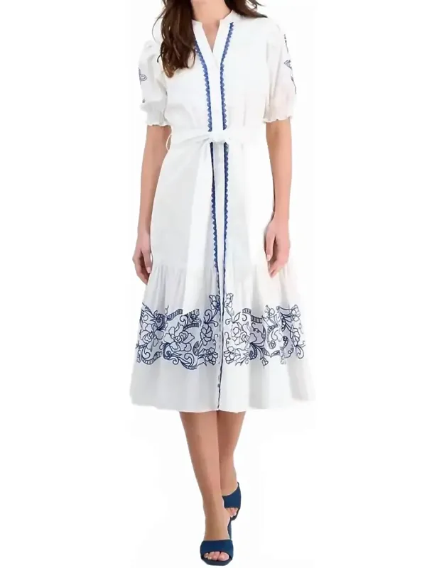 Short Sleeve Belted Embroidered Fit & Flare Dress
