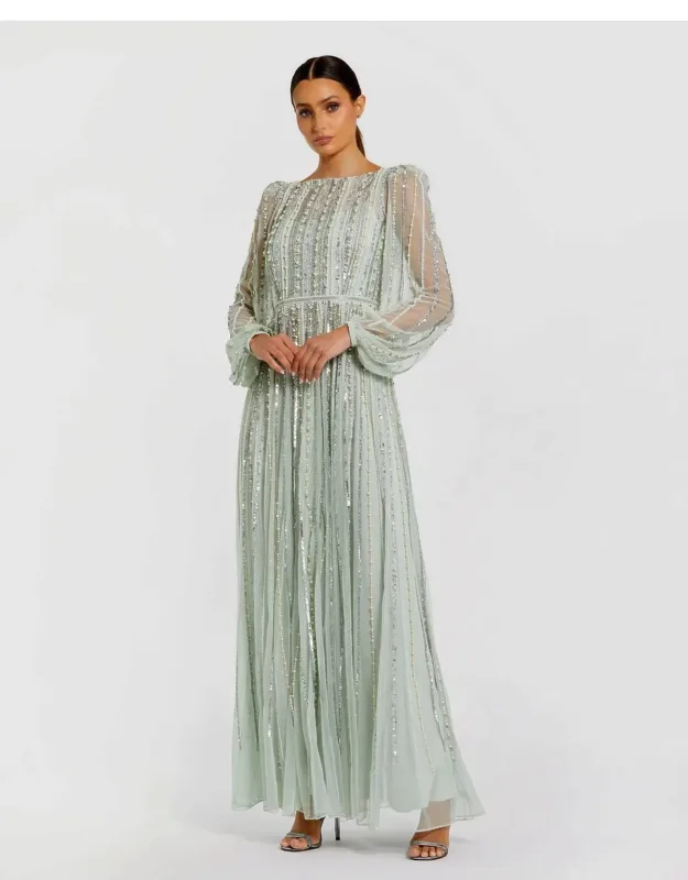 Boat Neck Long Sleeve Beaded Dress