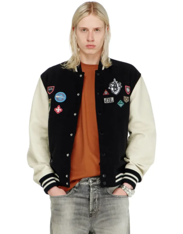 Wool And Leather Bomber Jacket With Patches