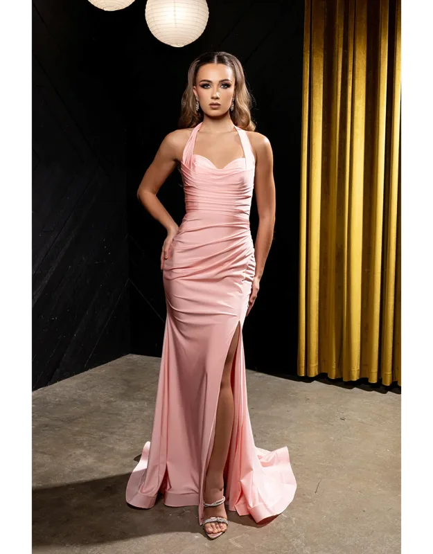 Halter Neck Ruched Satin Formal Gown With Slit
