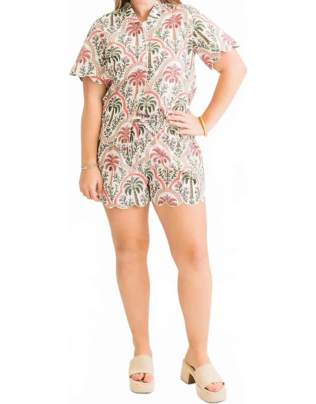 Henley Pajama Short Set - Breathable Cotton, Scalloped Trim
